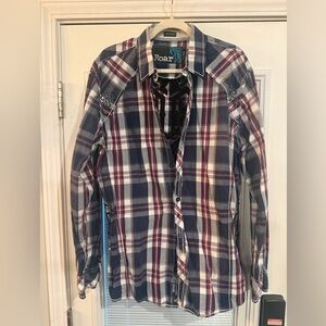 Roar Men's Navy, Red & White Plaid Long-Sleeve Button-Up Shirt